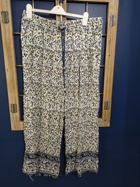 Women's Boho Floral Wide-Leg Drawstring Pants - Blue & Cream